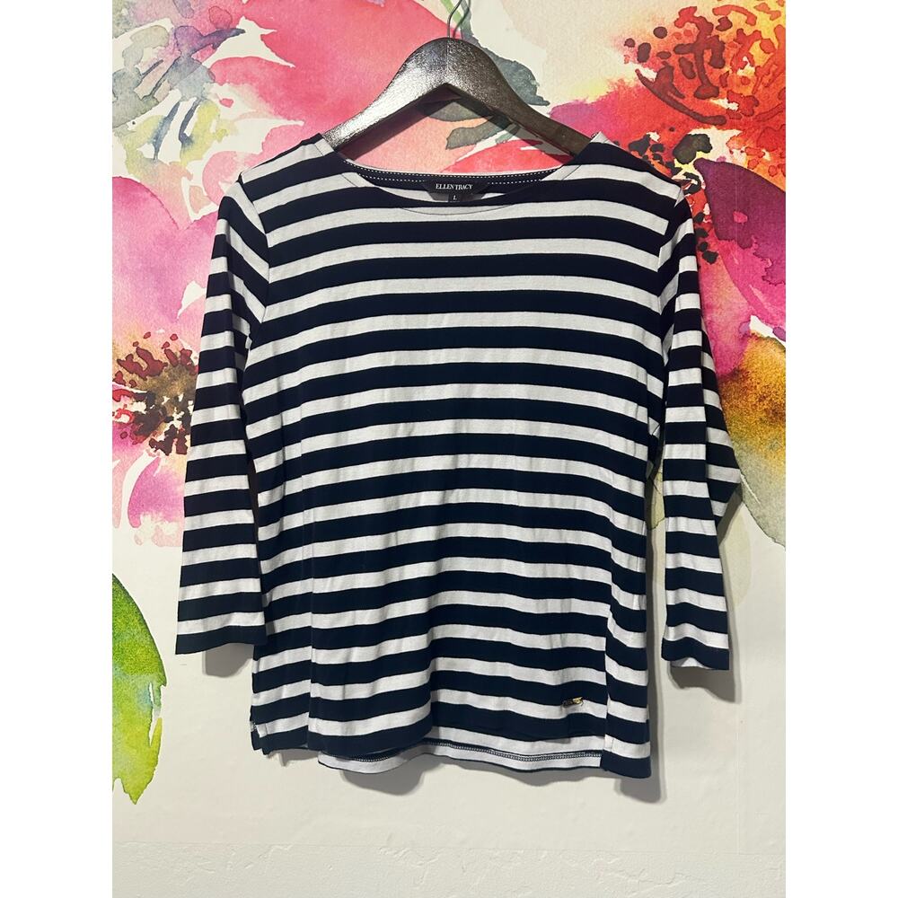 Ellen Tracy Women’s Top L Blue And White Stripe With Zipper On Shoulder Classic